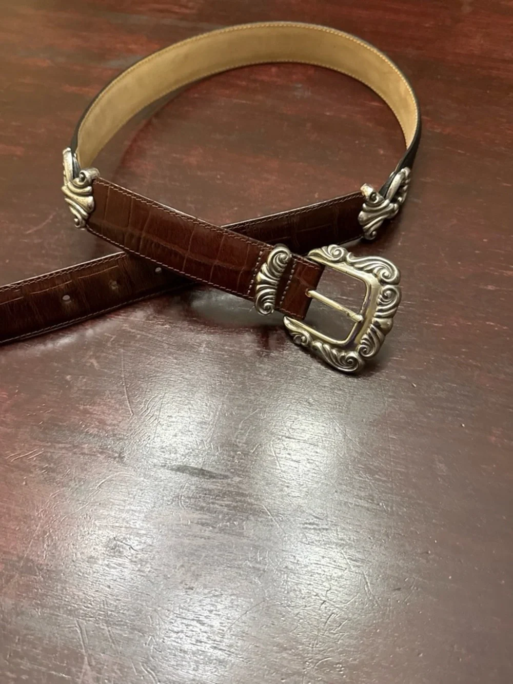 Brighton Brown Leather Belt with Ornate Silver-Tone Buckle set of 2